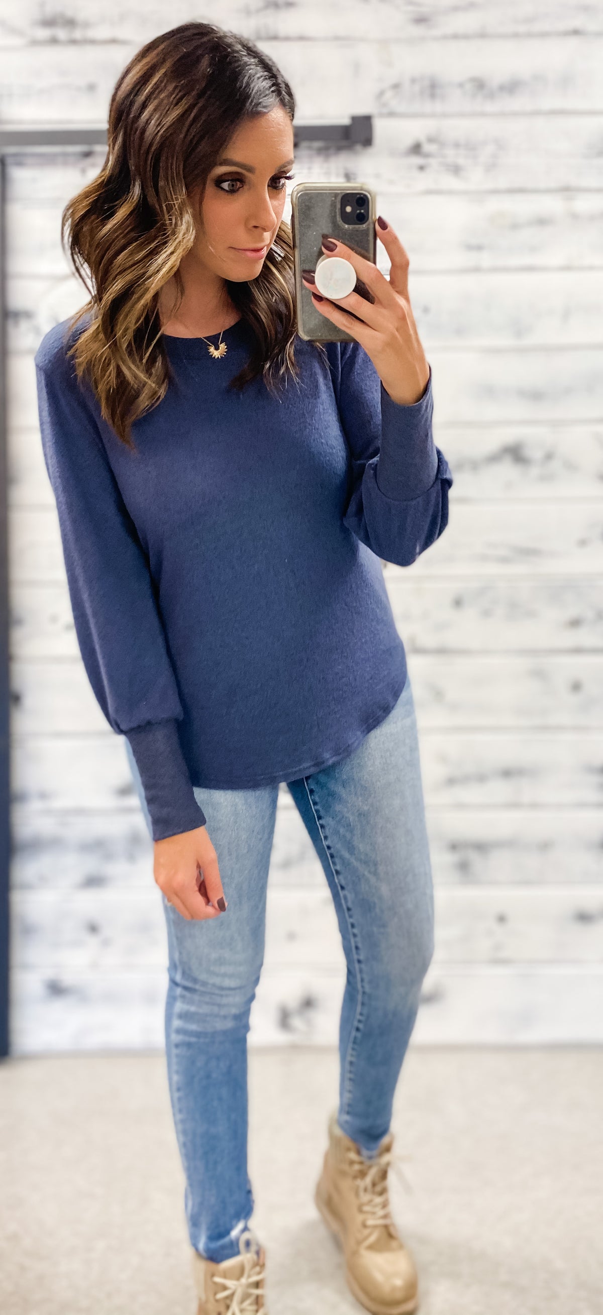 Heather Navy Brushed Contrast Top