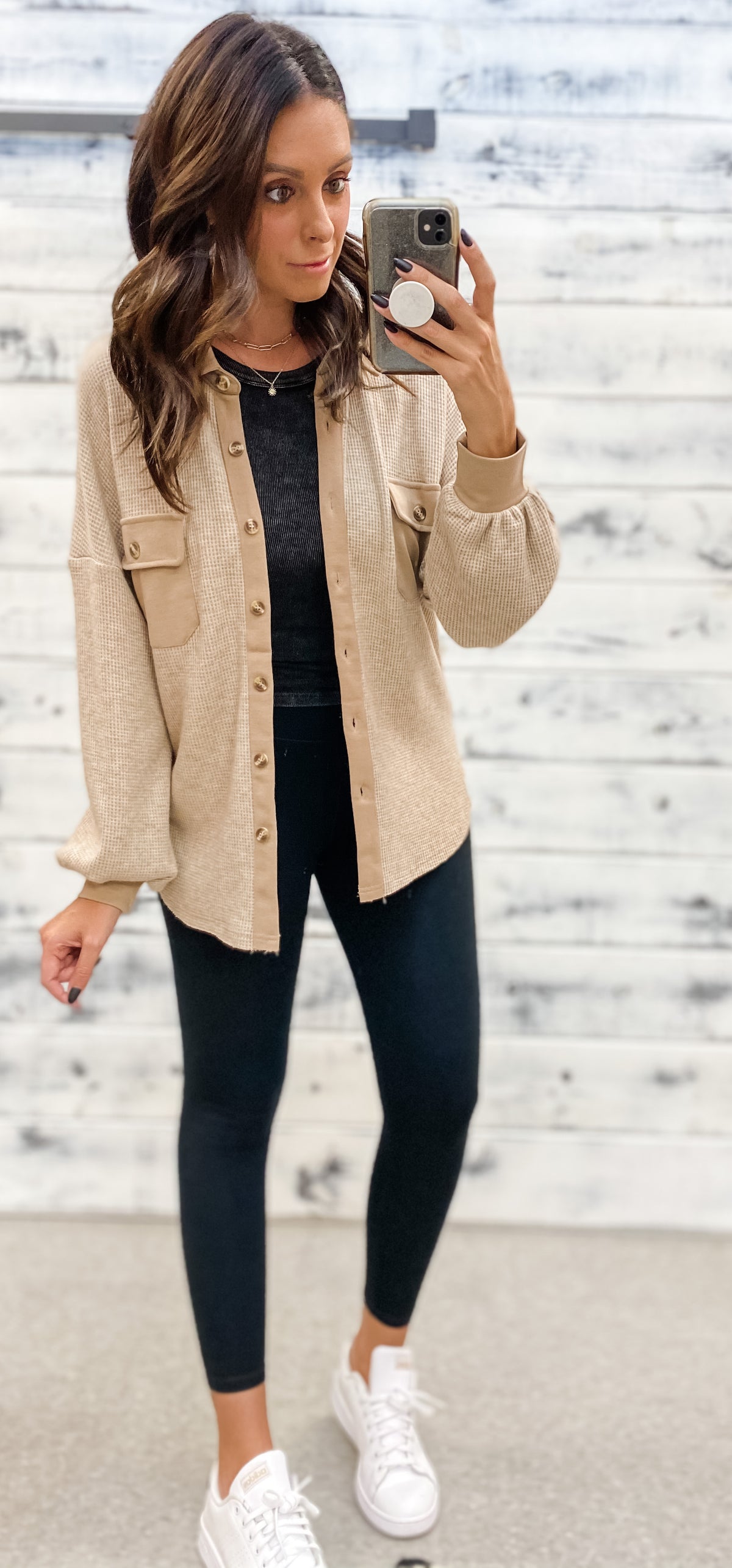 Taupe Waffle Knit Contrast Shacket