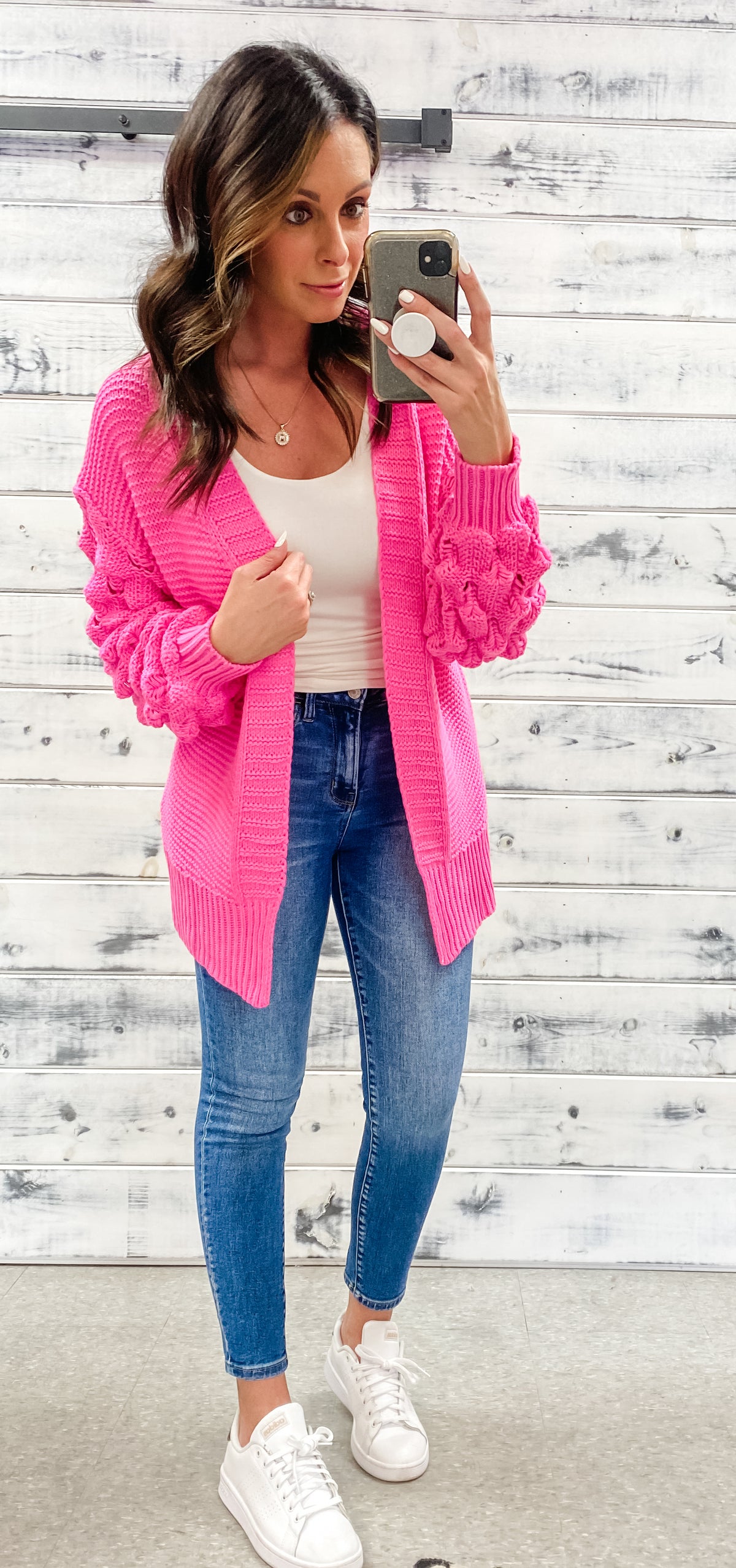 Pink Bubble Sleeve Knit Cardigan