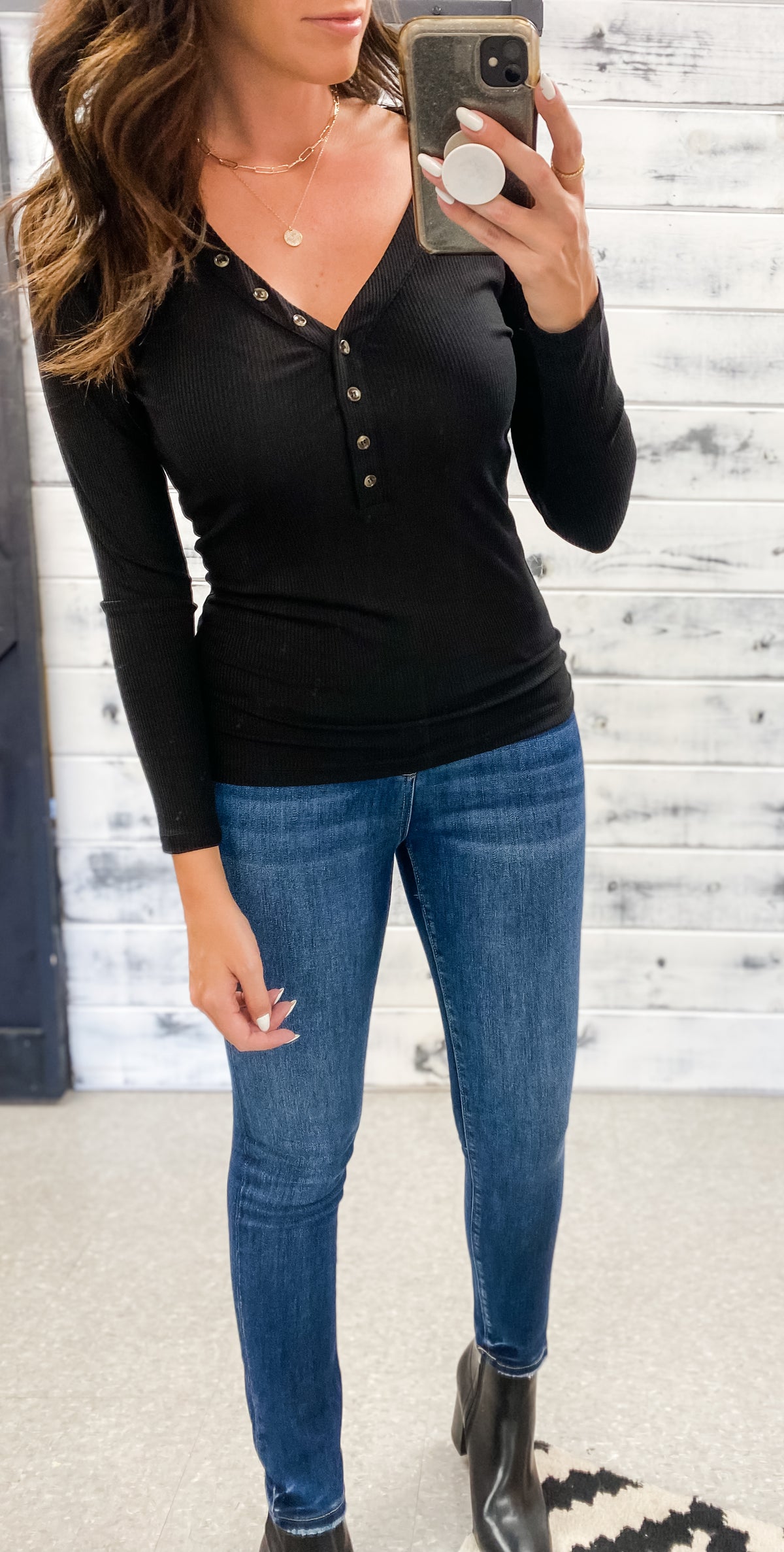Black Ribbed Button Henley Fitted Top