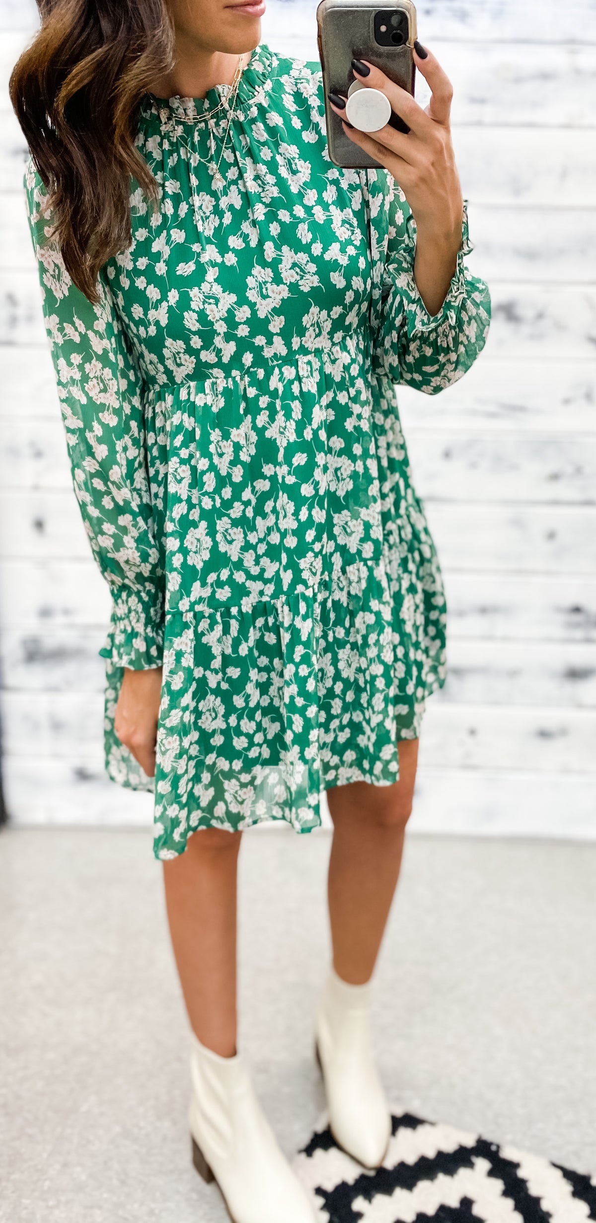 Green &amp; Ivory Floral Ruffle Dress