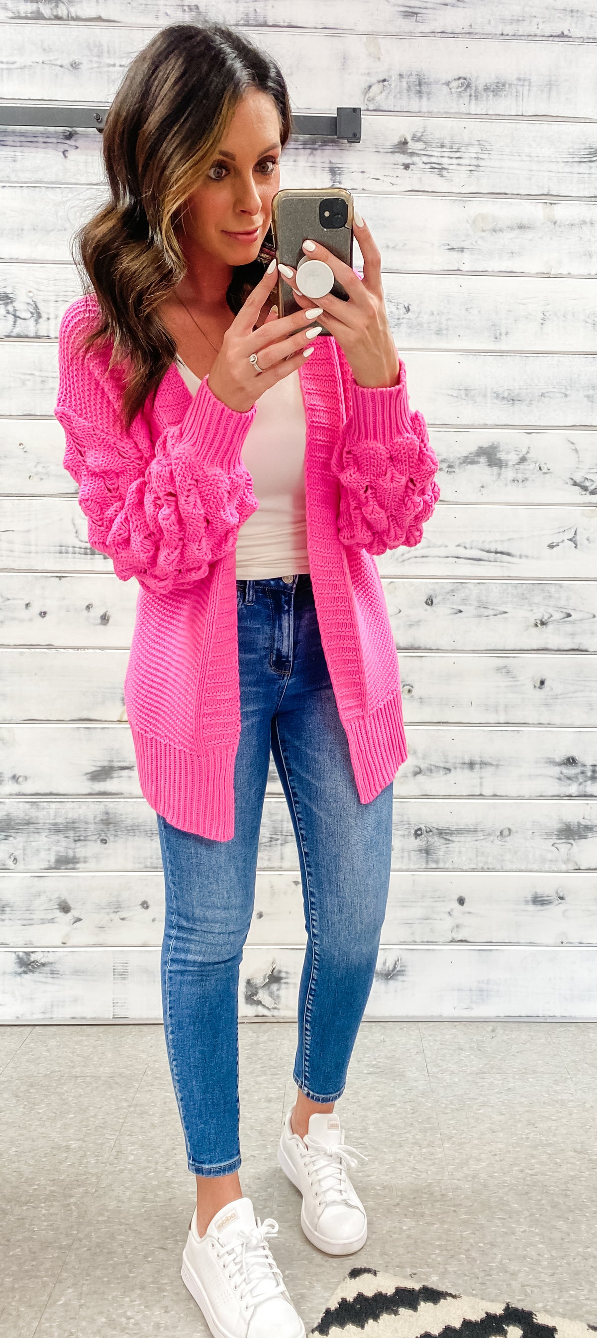 Pink Bubble Sleeve Knit Cardigan