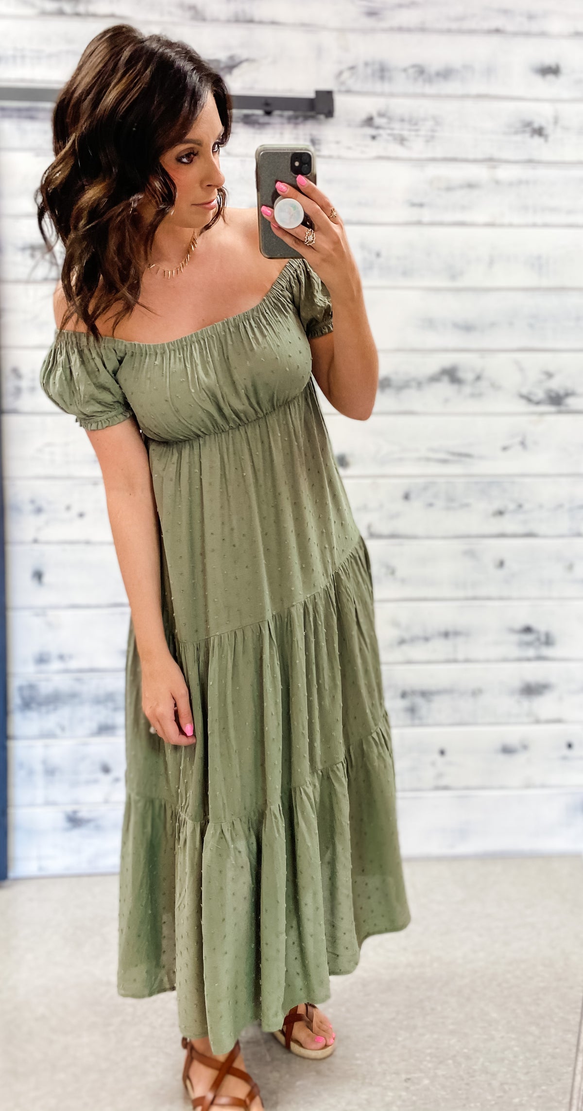Olive Pom Off the Shoulder Ruffle Maxi