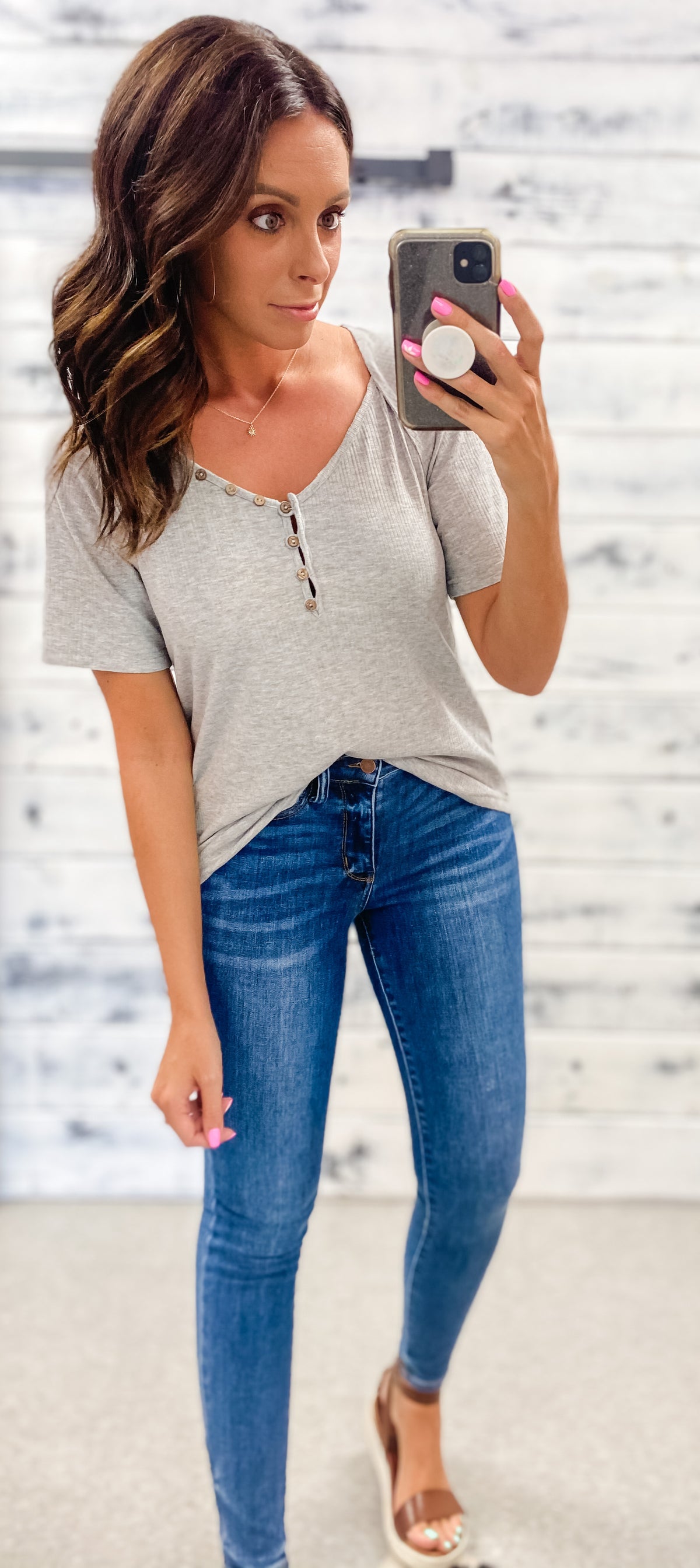 Heather Grey Ribbed Henley Top