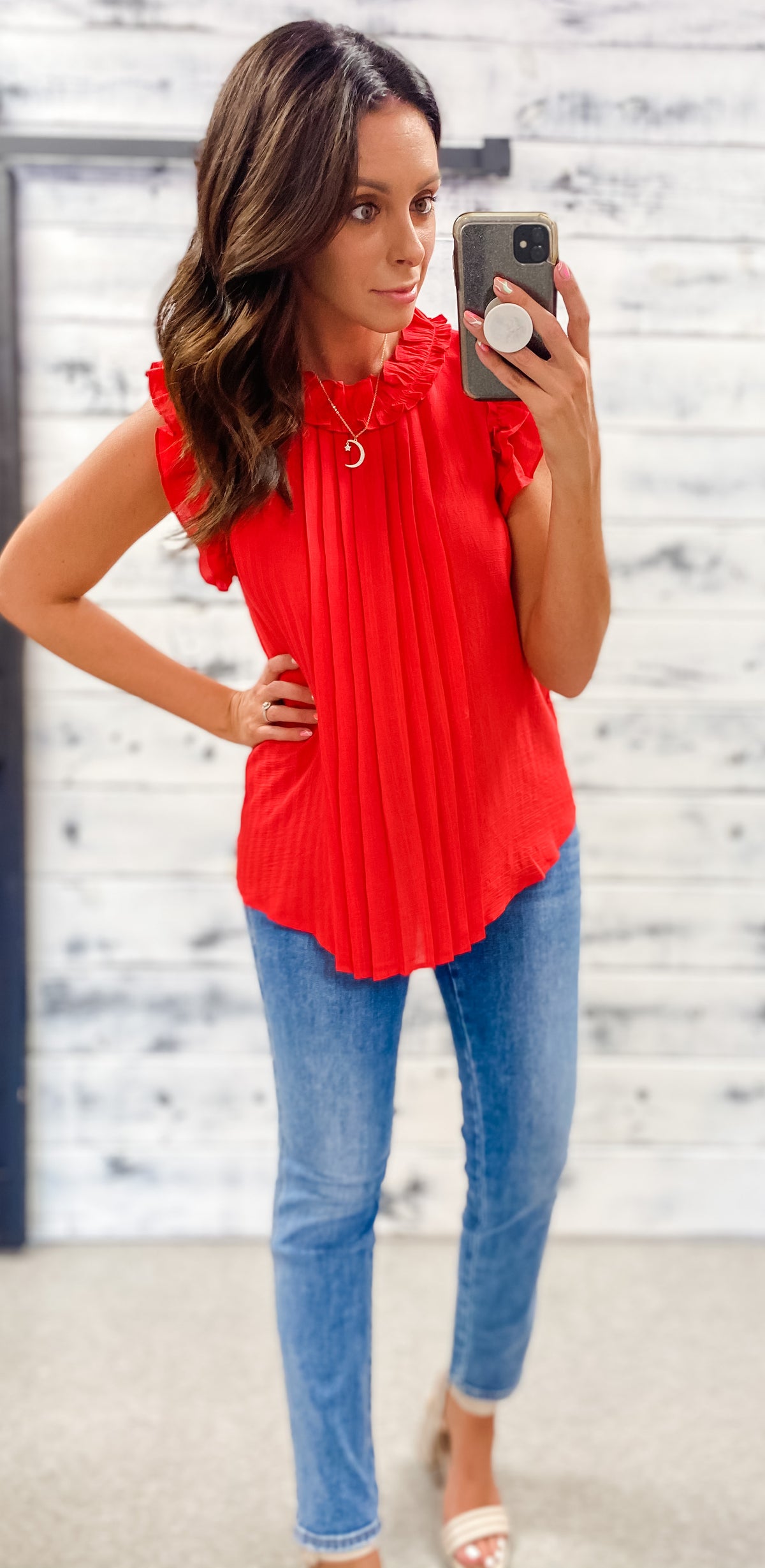 Tomato Red Pleated Ruffle Blouse