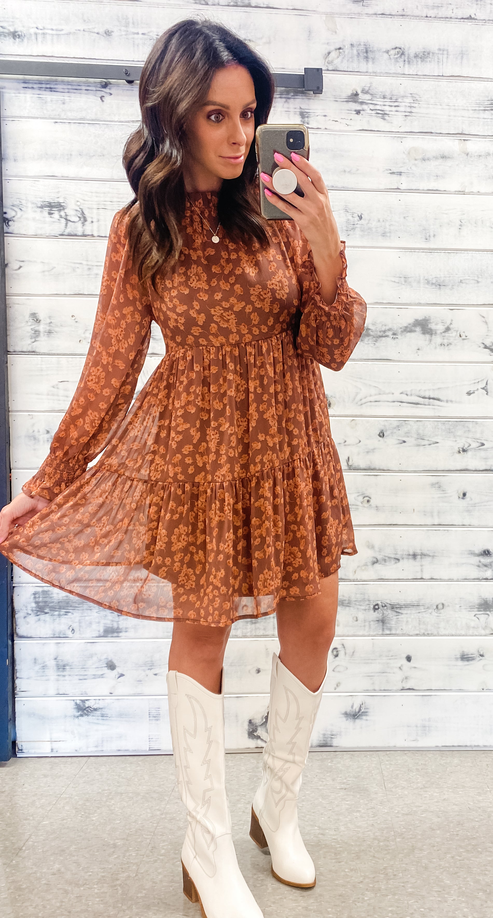 Rust ruffle outlet dress