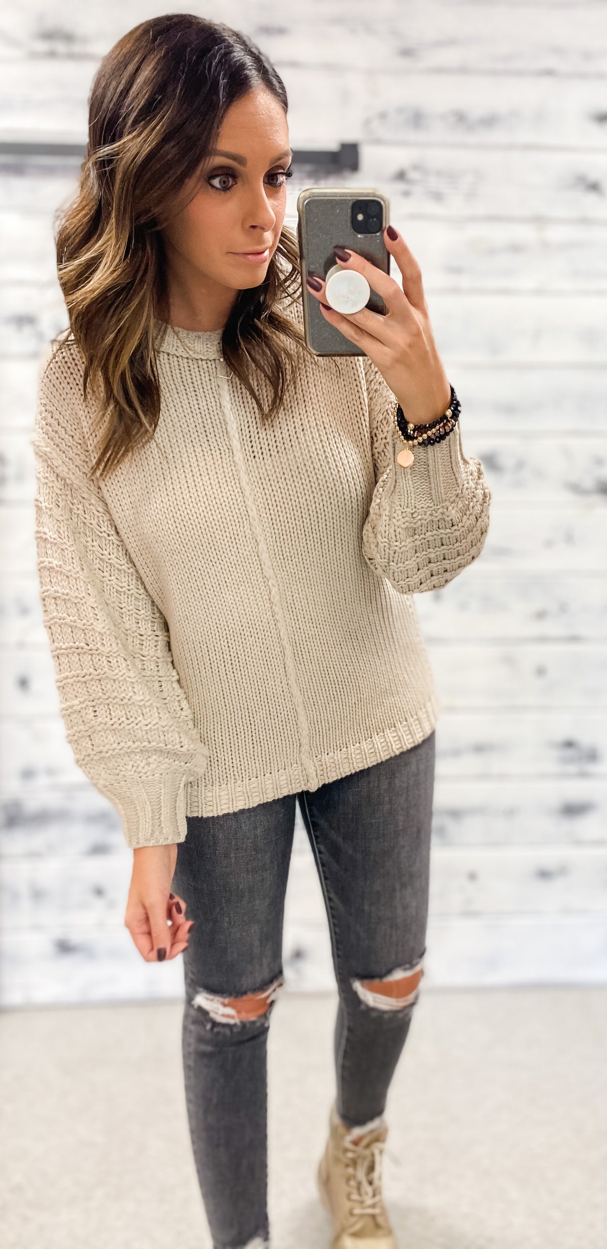 Stone Textured Balloon Sleeve Sweater