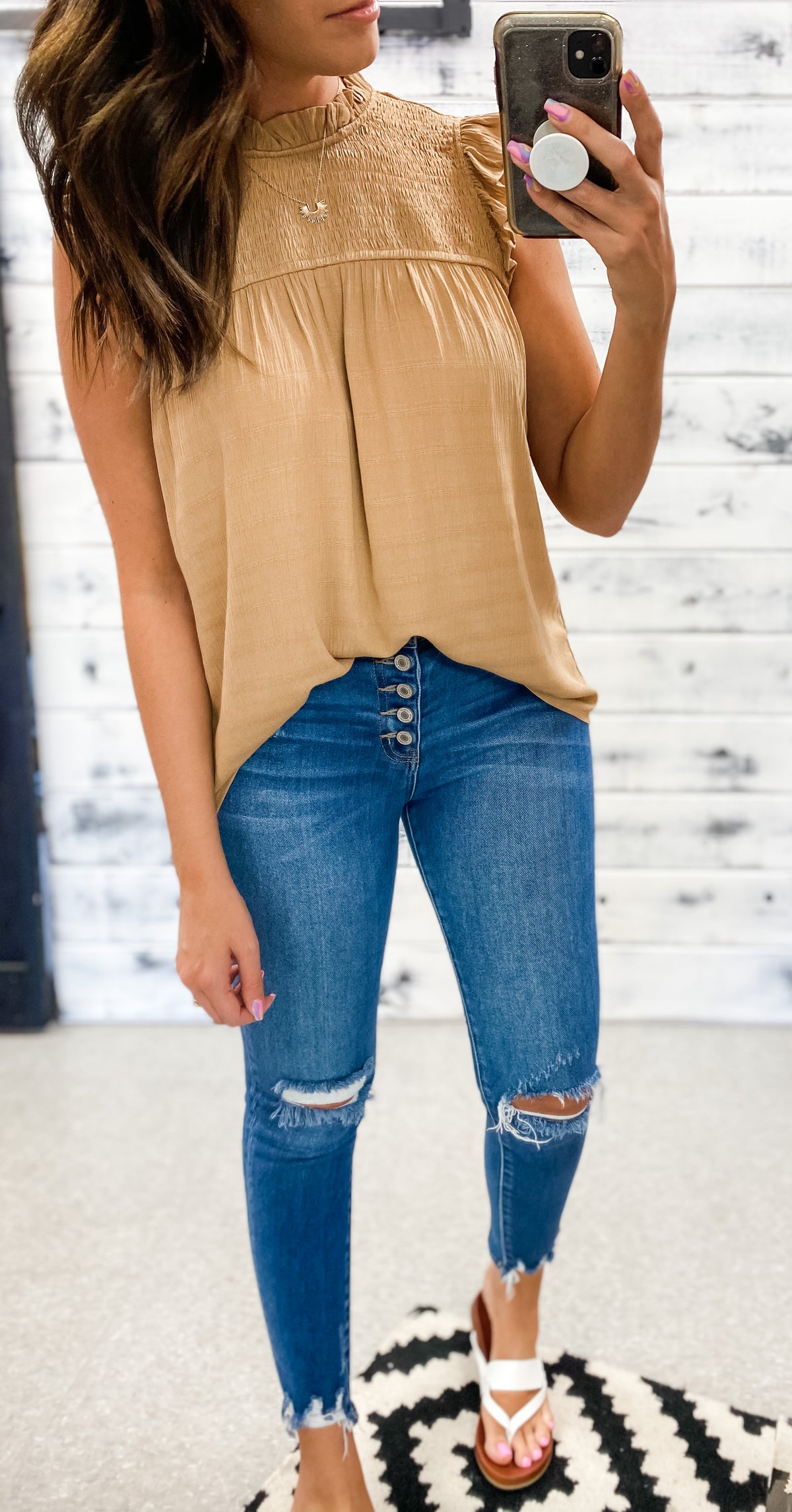 Camel Smocked Babydoll Flutter Top