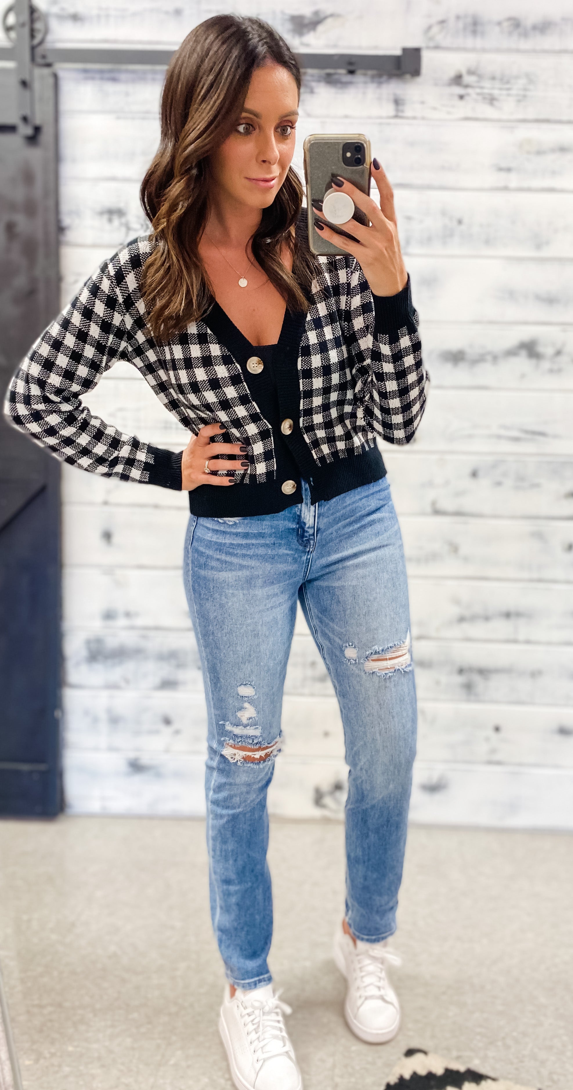 Black White Check Buttoned Cardigan Grace and Garment Boutique